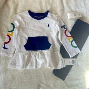 Ralph Lauren 2 piece set.White shirt with multi colored logo and blue leggings.